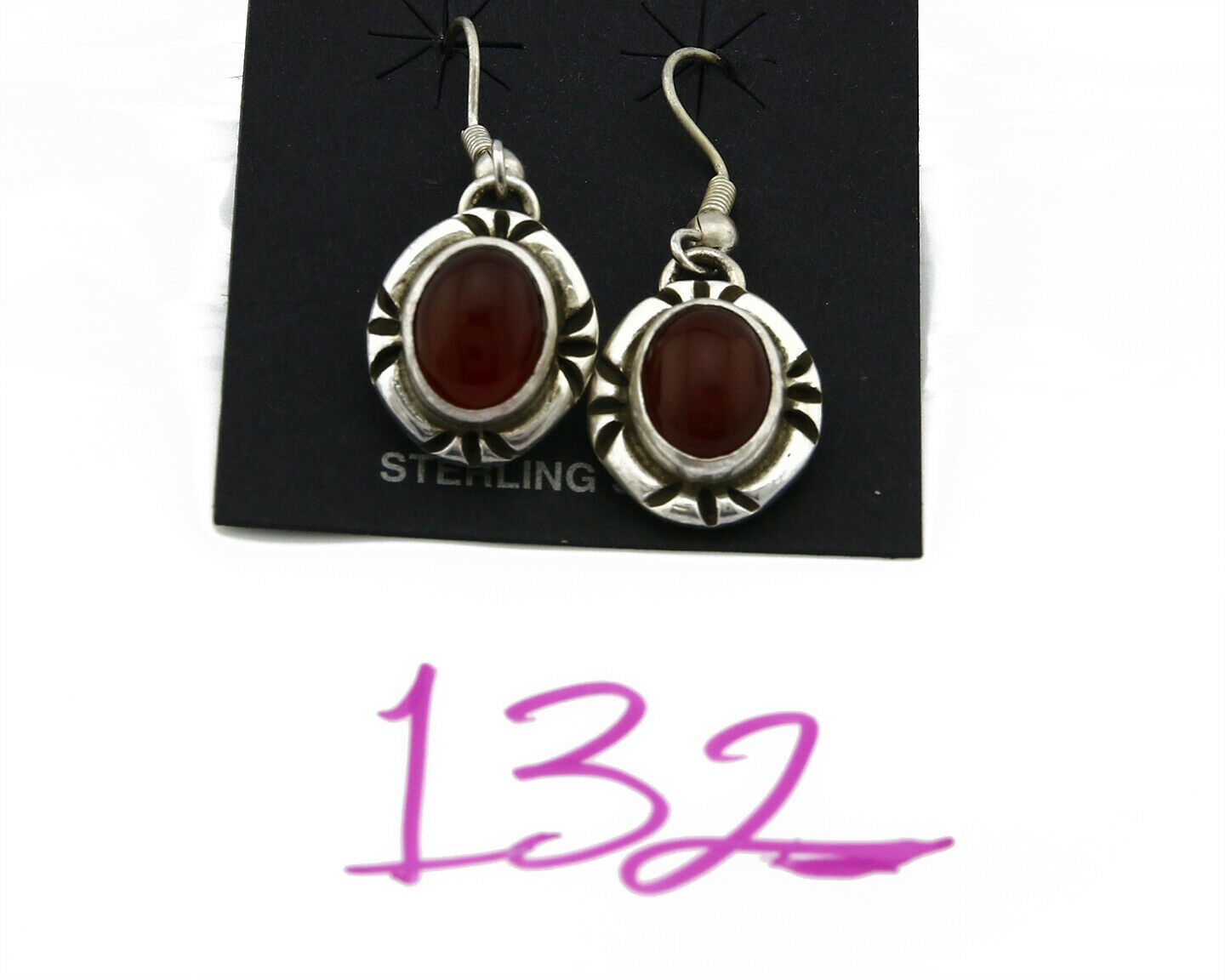 Navajo Hand Stamped Natural Mined Cornelian .925 SOLID Silver Dangle Earrings