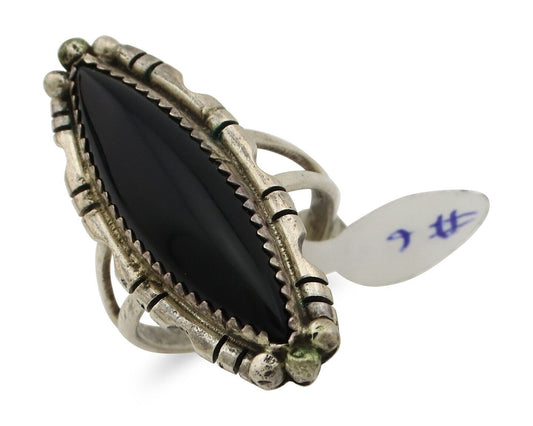 Navajo Ring 925 Silver Onyx Hand Stamped Native American Artist C.80's