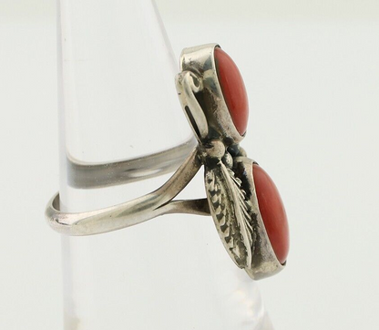 Navajo Ring 925 Silver Natural Mediterranean Coral Artist Signed A C.80's