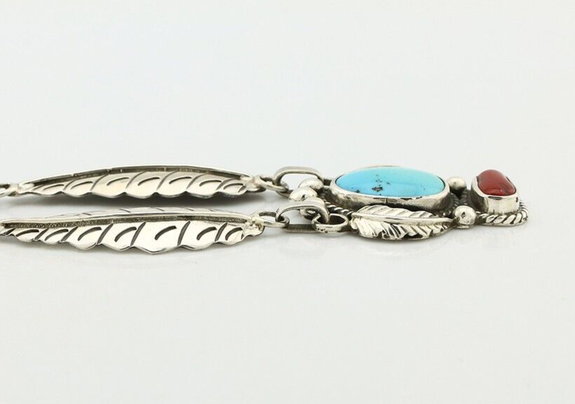 Navajo Necklace 925 Silver Turquoise & Coral Artist Signed Rabbit Stick C.2008