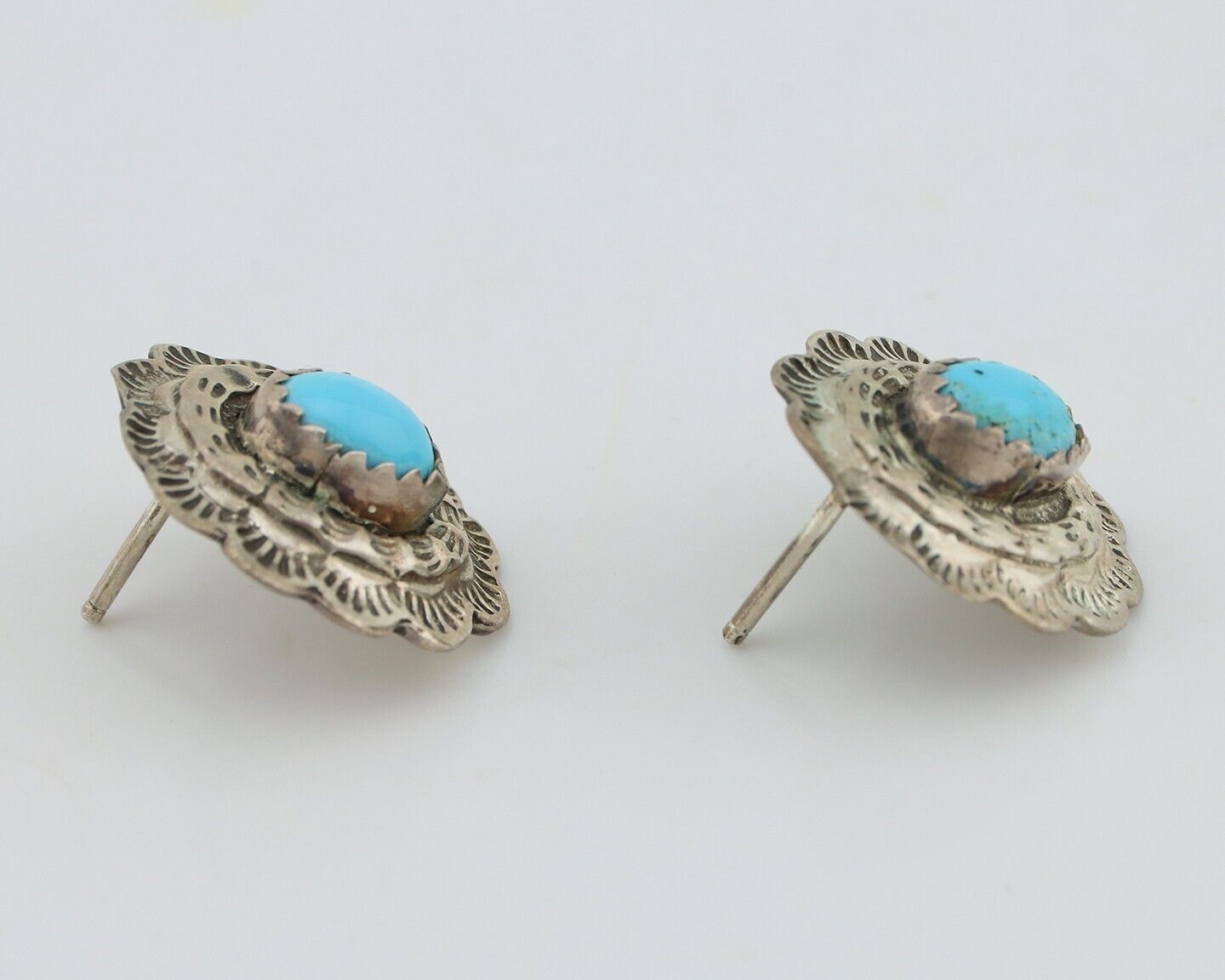 Navajo Earrings 925 Silver Natural Blue Turquoise Native American Artist C.80s