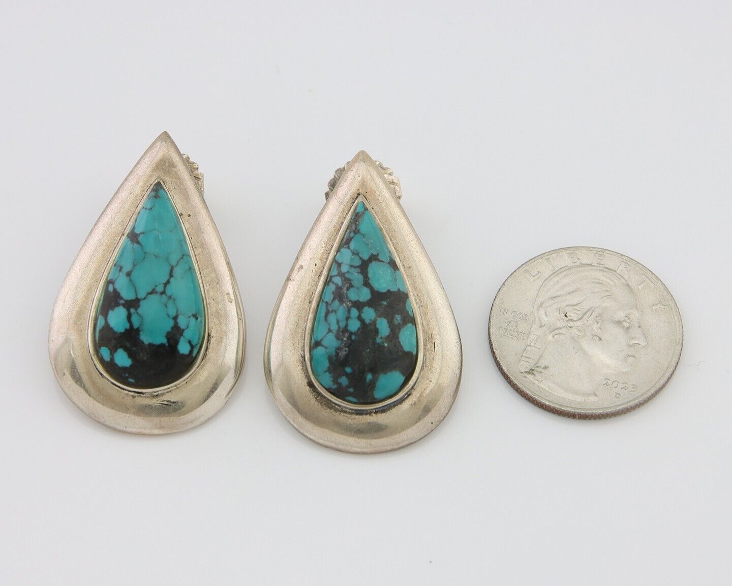 Navajo Dangle Earrings 925 Silver Natural Turquoise Signed Thomas Charay C.1988