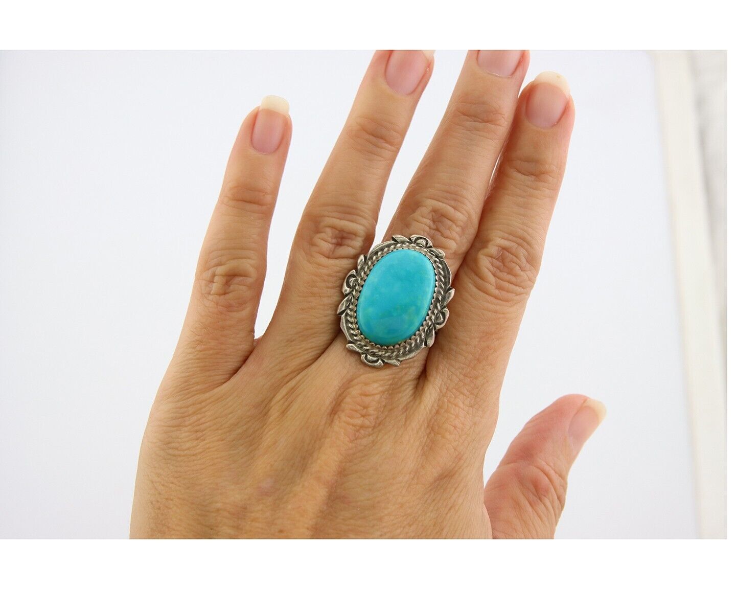 Navajo Ring 925 Sterling Natural Blue Turquoise Signed TALHAT C.80's Size 6.0