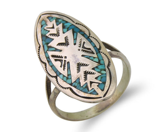 Navajo Ring 925 Silver Chip Inlay Turquoise Native Artist C.80's