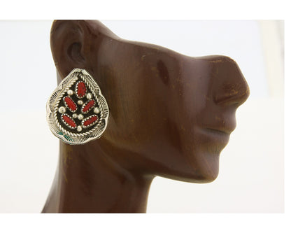 Navajo Earrings 925 Silver Natural Coral Native American Artist C.80's