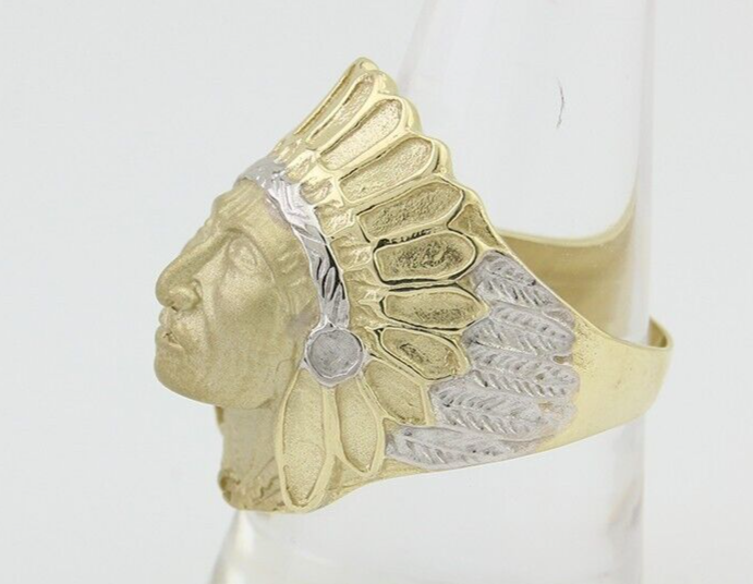 Men 10k Solid Gold Indian Chief Ring Tribal Head Dress Exquisite Detail Size 10