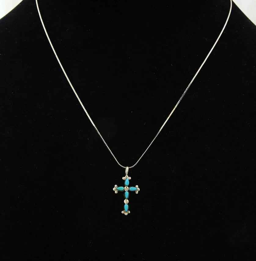 Navajo Cross Necklace Sterling Silver Blue Turquoise Vintage Handmade