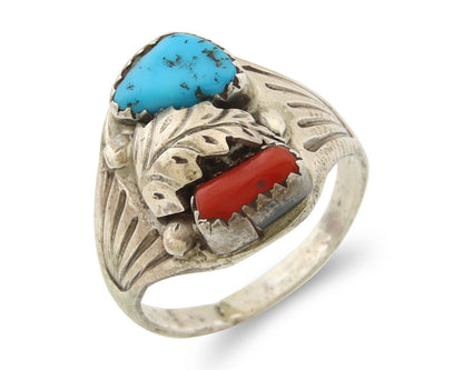 Navajo Ring 925 Sterling Turquoise & Coral Native Artist C.80's Size 7.5