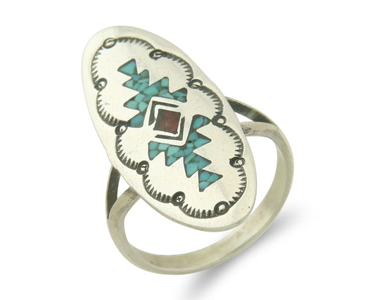 Vintage Navajo Ring 925 Sterling Turquoise & Coral Native Artist Size 7.5