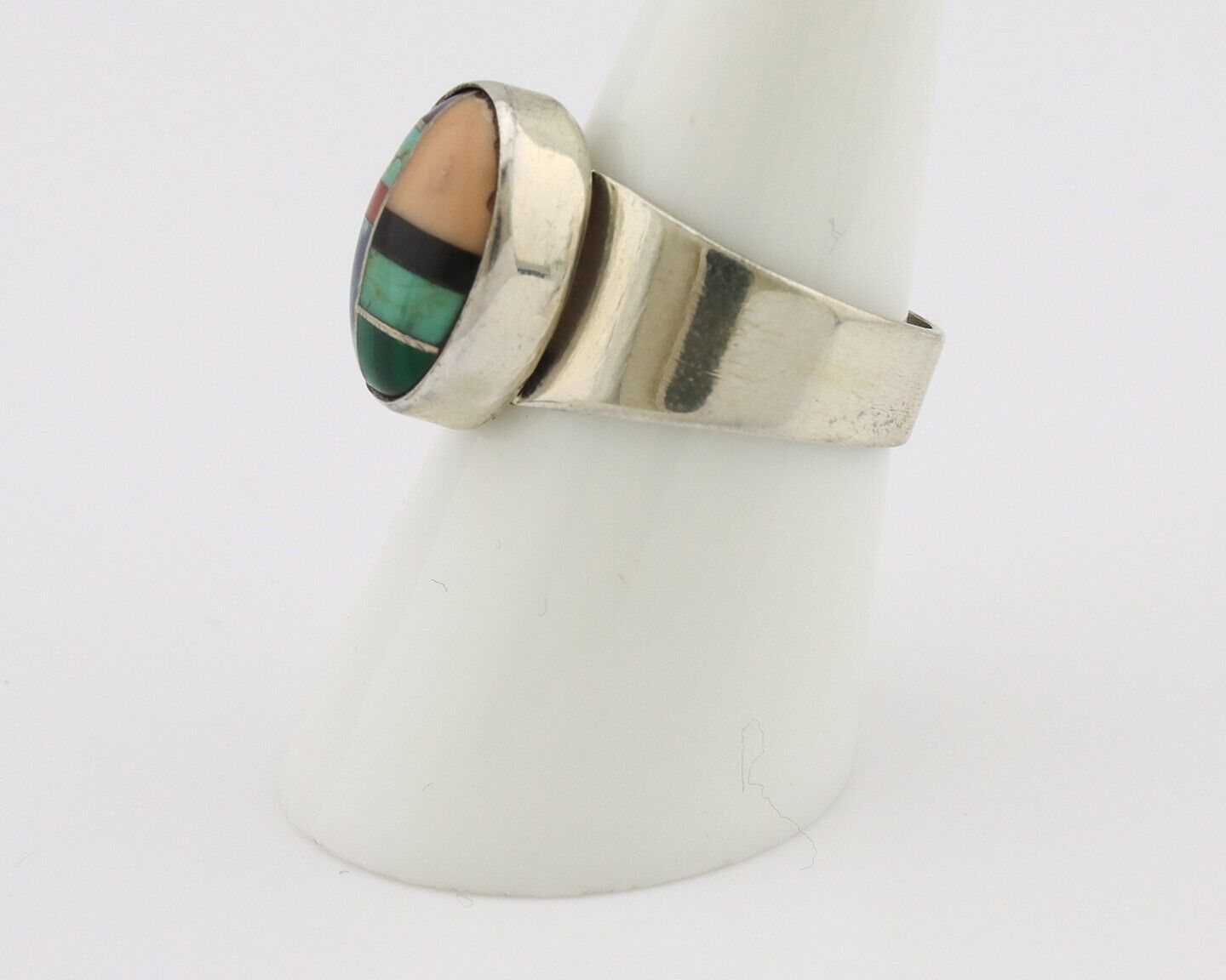 Zuni Inlaid Ring 925 Silver Mixed Natural Gemstones Native American Artist C.80s