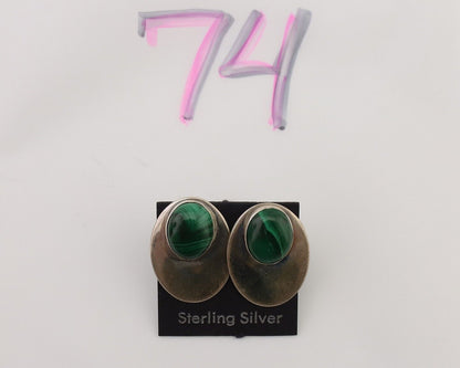 Navajo Shield Earrings 925 Silver Natural Malachite Signed Ella Peters C.80's