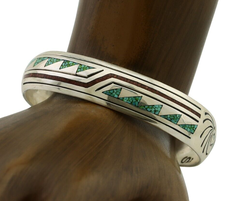 Navajo Inlay Bracelet 925 Silver Turquoise & Coral Signed Stanely Bain C.80's