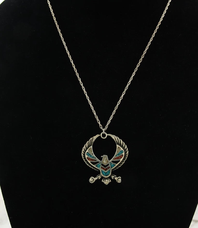 Navajo Phoenix Necklace Sterling Silver Natural Gemstone Vintage Native Artist