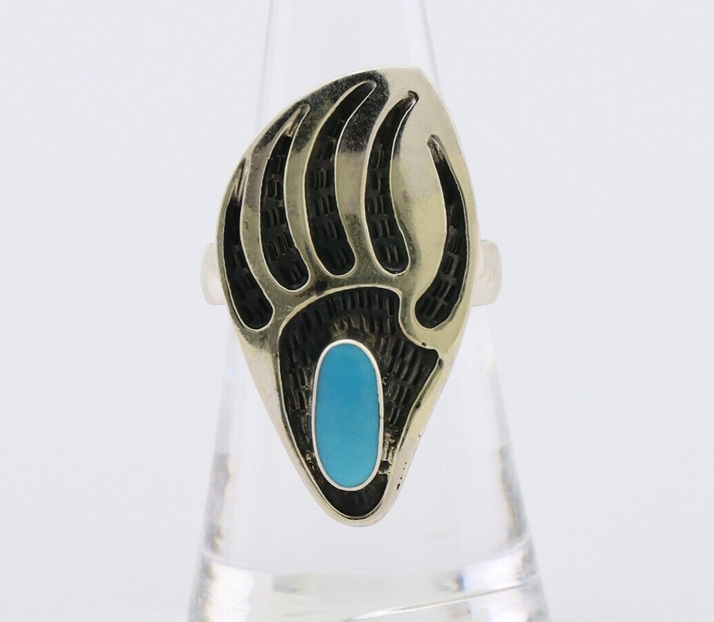 Navajo Badger Paw Ring 925 Silver Turquoise Native American Artist C.80's