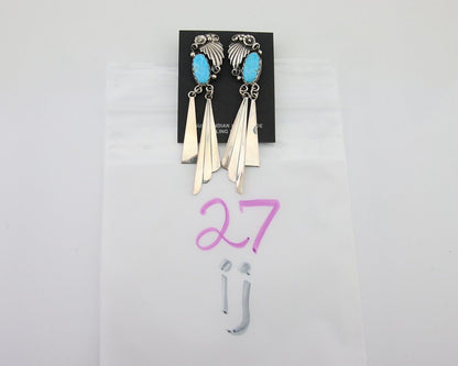 Navajo Dangle Earrings 925 Silver Natural Blue Turquoise Artist Signed M.S. C80s