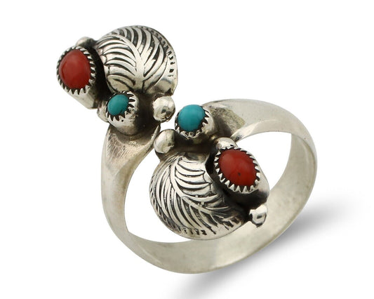 Navajo Adjustable Ring 925 Silver Turquiose & Coral Native Artist C.80's