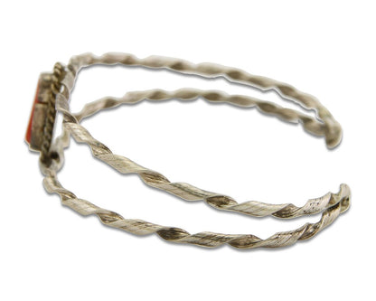 Navajo Bracelet .925 Silver Mediterranean Red Coral Cuff Native Artist C.80's