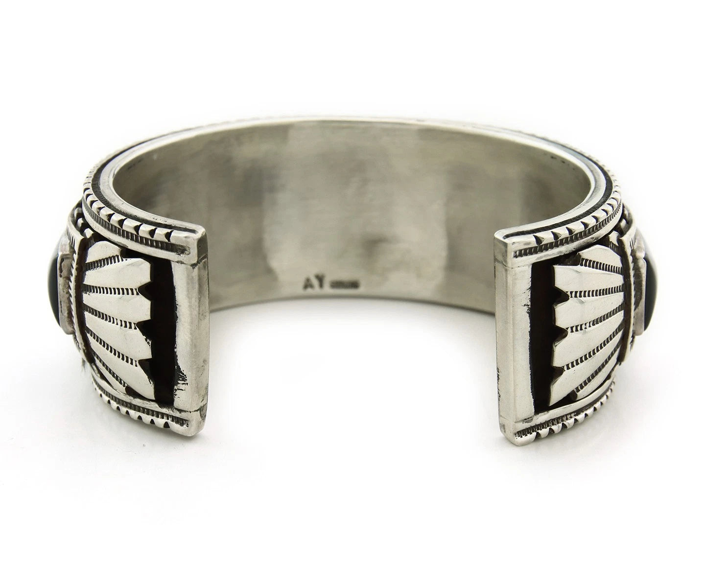 Navajo Cuff Bracelet Sterling Silver Black Onyx Vintage Signed Alvin Yazzie