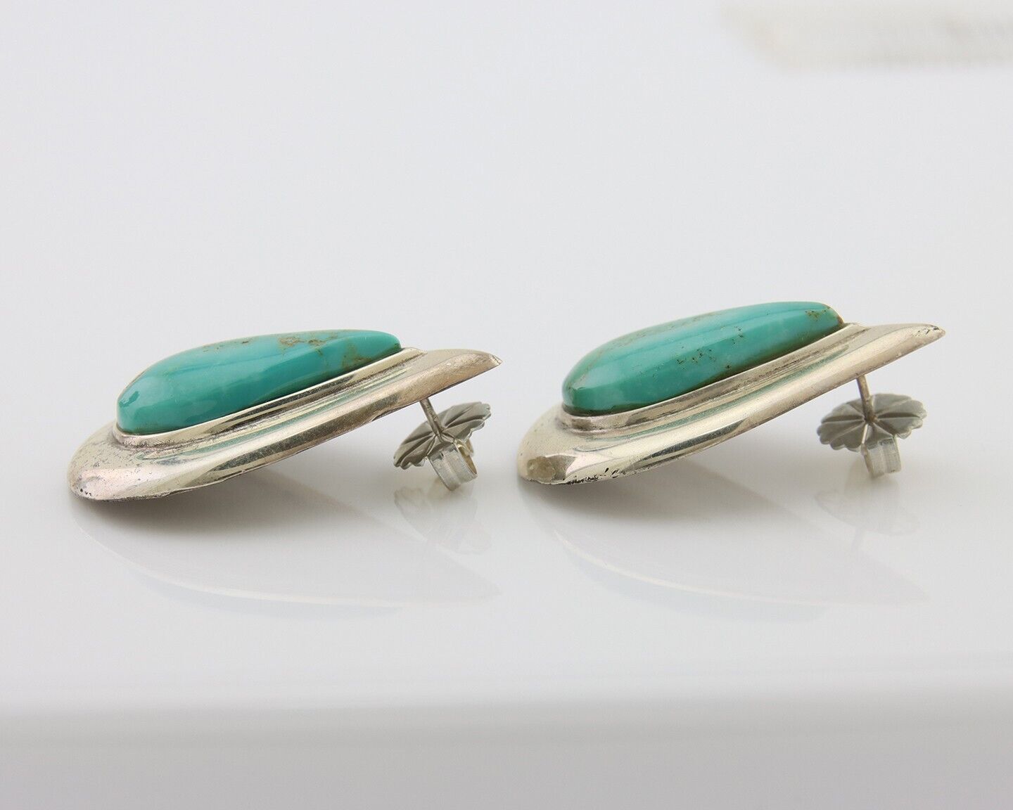 Navajo Dangle Earrings 925 Silver Natural Turquoise Signed Thomas Charay C.1988