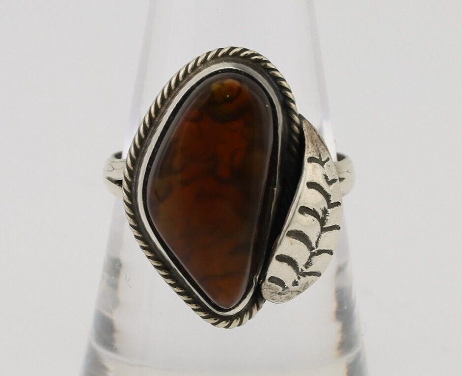 Navajo Handmade Ring 925 Silver Natural Fire Opal Native Artist Size 8.25 C.80's