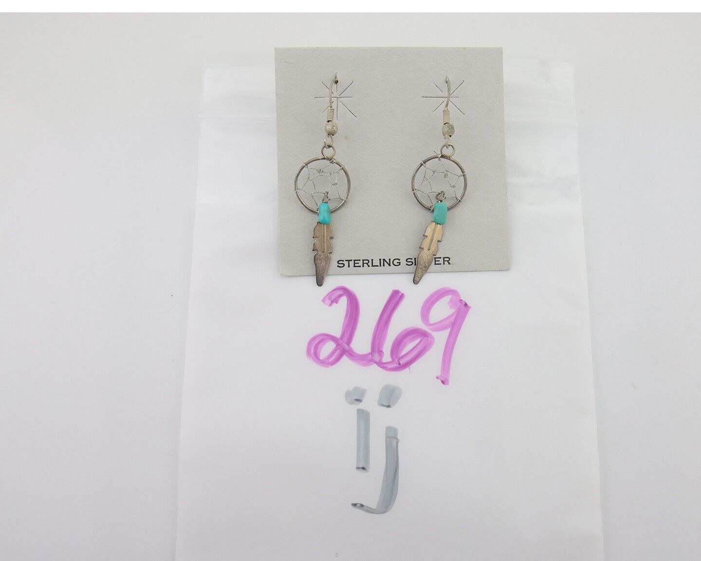 Navajo Dangle Dream Catcher Earrings 925 Silver Blue Turquoise Native Artist C80