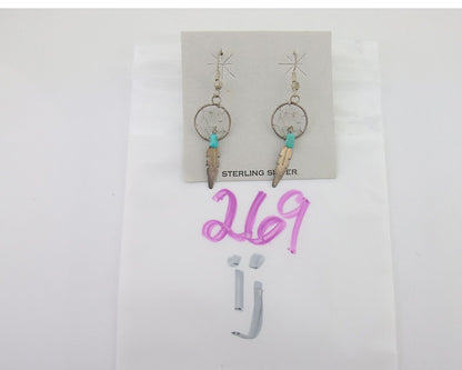 Navajo Dangle Dream Catcher Earrings 925 Silver Blue Turquoise Native Artist C80