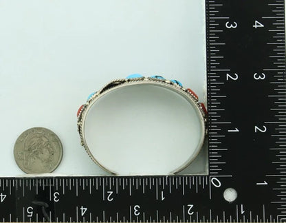 Navajo Cuff Bracelet 925 Sterling Silver Turquoise & Coral Signed Lee Charlie Jr
