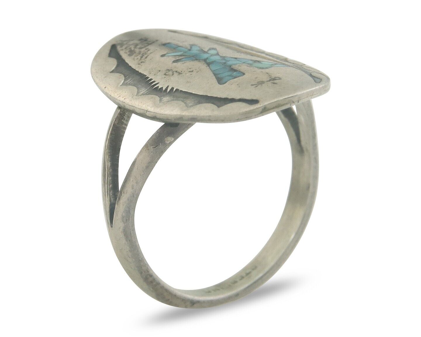 Navajo Ring 925 Sterling Natural Chip Inlay Blue Turquoise C.80's Size 6.0