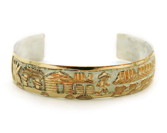 Navajo Cuff Bracelet Sterling Silver & Gold Vintage Storyteller Signed GE