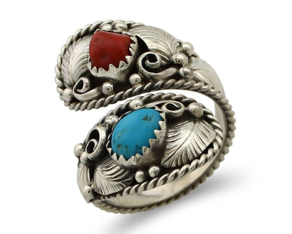 Navajo Adjustable Ring 925 Silver Turquoise & Coral Artist Signed Gecko C.80's