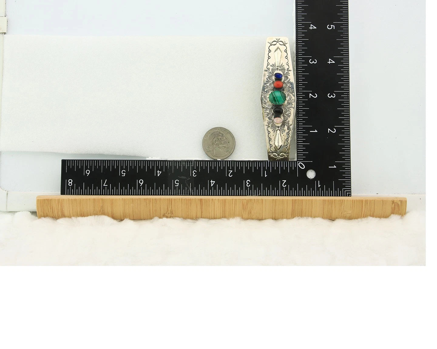 Navajo Barrette Sterling Silver Gemstones Hand Stamped Vintage Signed