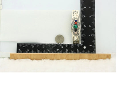 Navajo Barrette Sterling Silver Gemstones Hand Stamped Vintage Signed