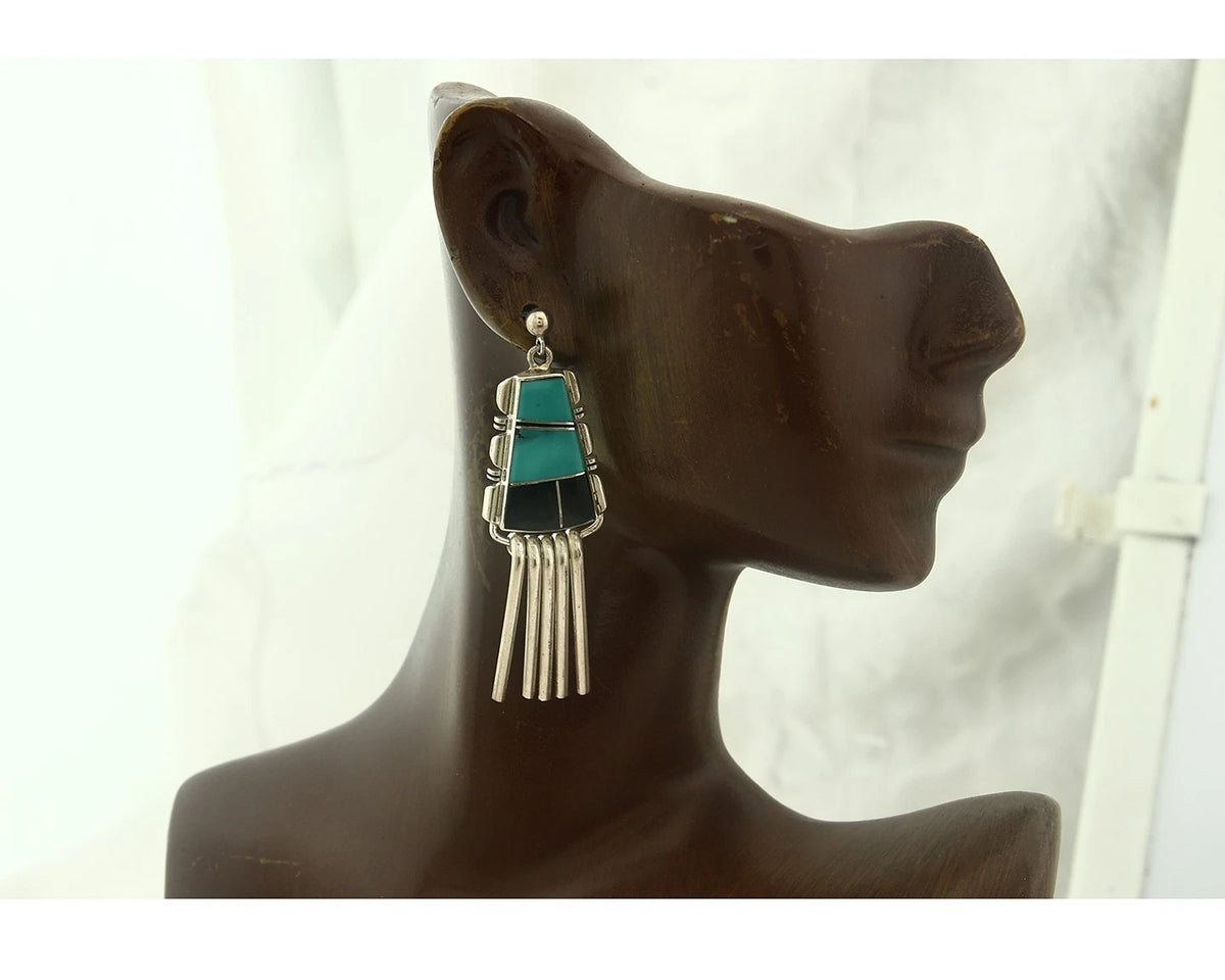 Navajo Earrings 925 Sterling Silver Natural Gemstones Signed John Charlie C.80's