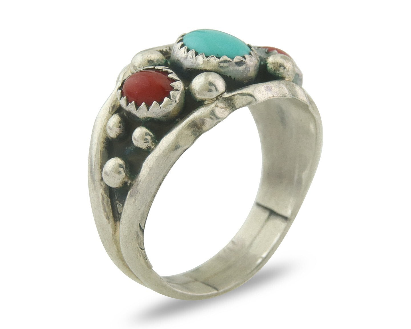 Men Navajo Ring 925 Sterling Natural Coral & Turquoise Signed R C.80's Size 9.0