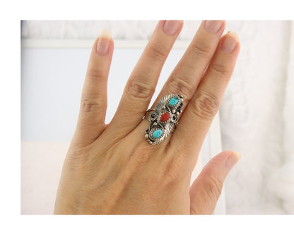 Vintage Navajo Ring 925 Sterling Natural Gemstones Signed Justin Morris Sz 7.75