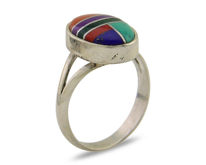 Navajo Ring 925 Sterling Silver Natural Gemstones Artist Signed Sunrise C.80's