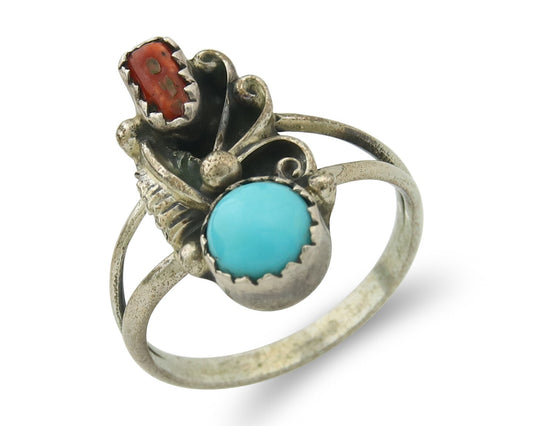 Vintage Navajo Ring 925 Sterling Silver Authentic Turquoise & Coral Size 5.75