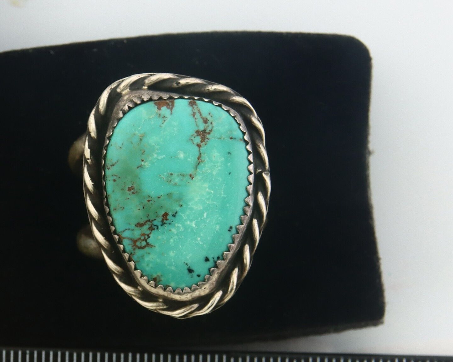 Navajo Ring 925 Sterling Turquoise Handmade Signed Diamond C.70's Size 11