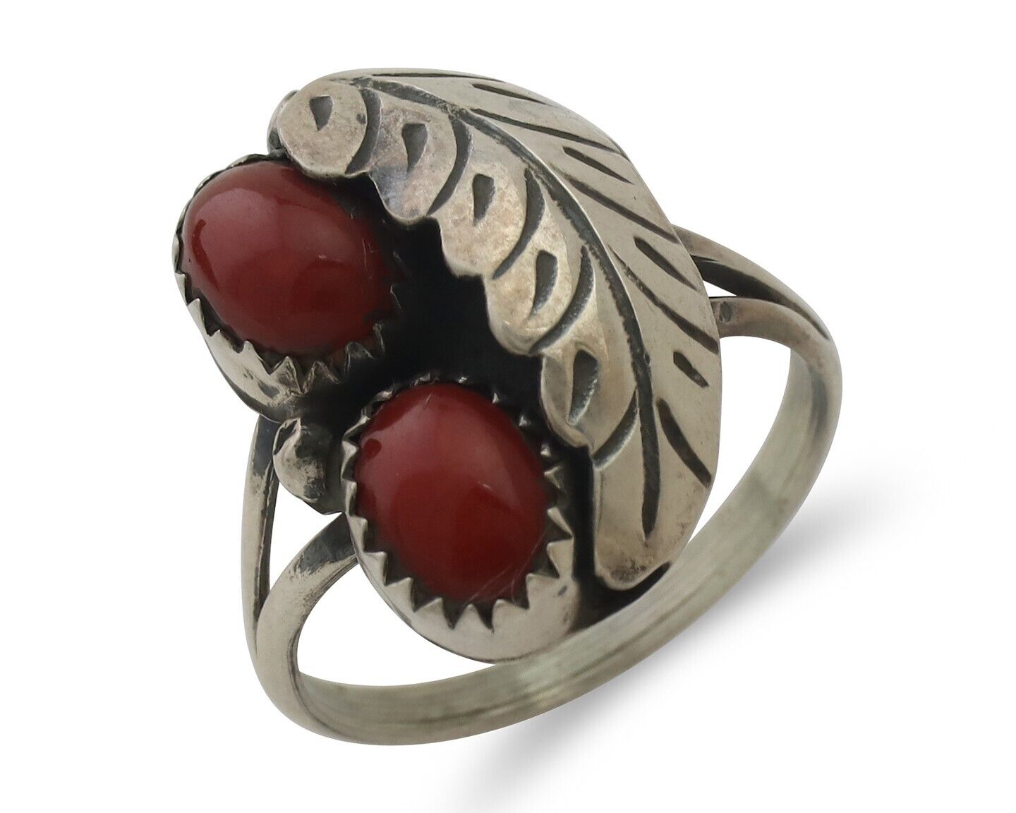 Navajo Handmade Ring 925 Silver Natural Mediterranean Coral Signed 88 C.80's