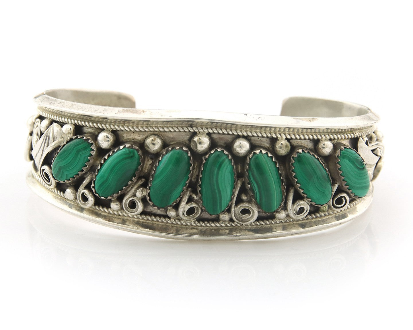 Navajo Cuff Bracelet Sterling Silver Natural Malachite Vintage Signed JM