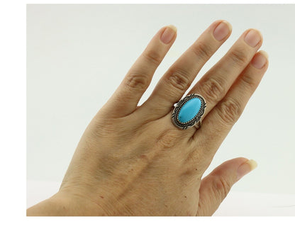 Navajo Ring .925 Silver Sleeping Beauty Turquoise Artist Signed AB C.80's