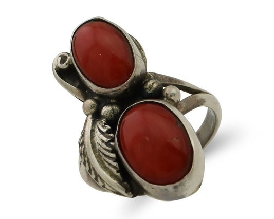 Navajo Ring 925 Silver Natural Mediterranean Coral Artist Signed A C.80's