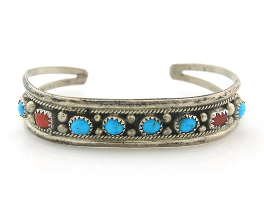 Navajo Cuff Bracelet Sterling Silver Natural Gemstone Vintage Native Signed V
