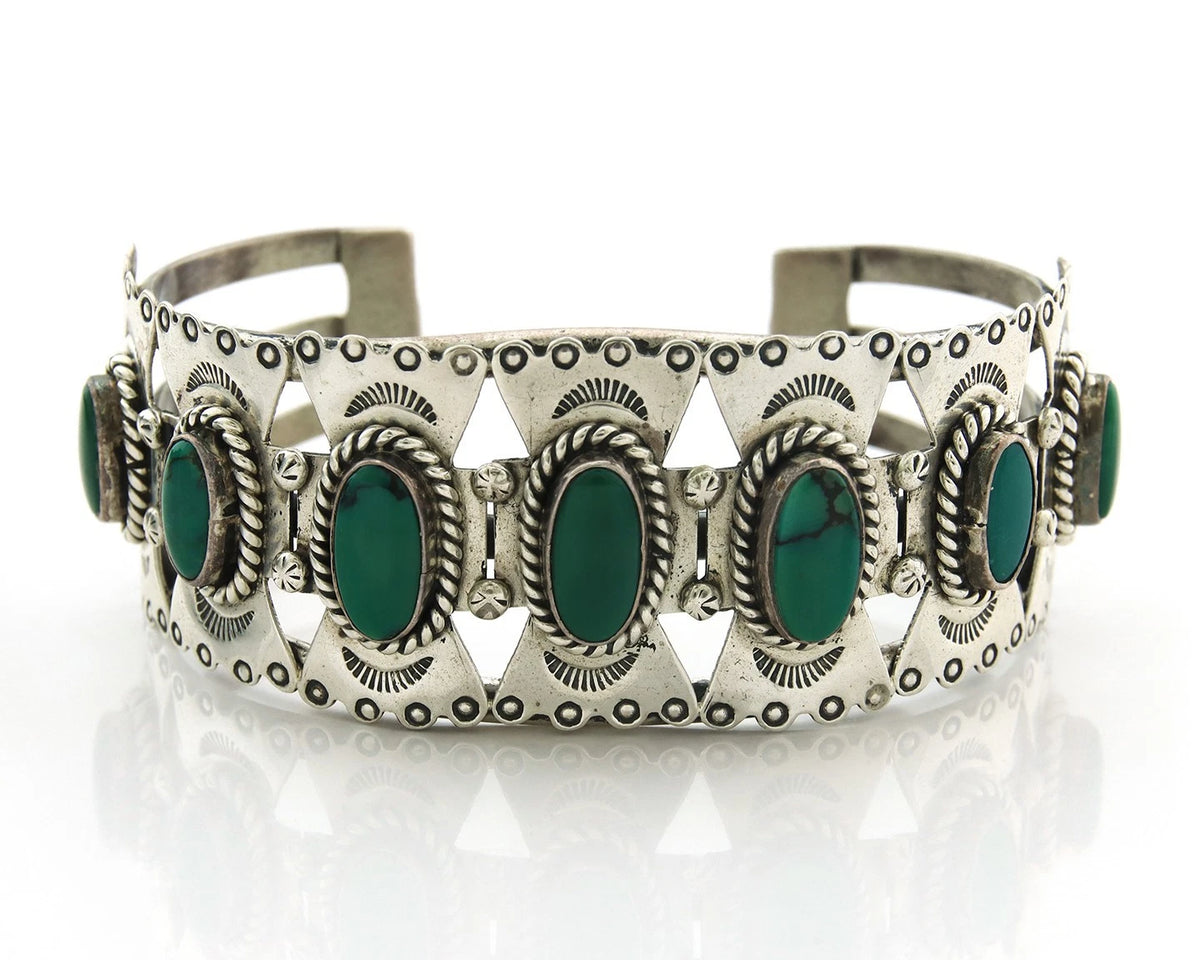 Navajo Cuff Bracelet Sterling Silver Turquoise Vintage Signed E Spencer