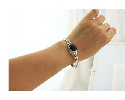 Navajo Cuff Bracelet Sterling Silver Black Onyx Handmade Vintage