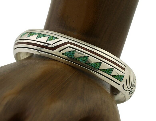 Navajo Inlay Bracelet 925 Silver Turquoise & Coral Signed Stanely Bain C.80's