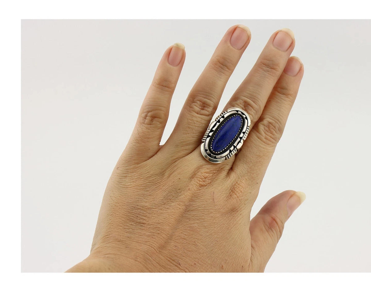 Navajo Ring 925 Silver Lapis Hand Stamped Signed William Denetdale C.80's