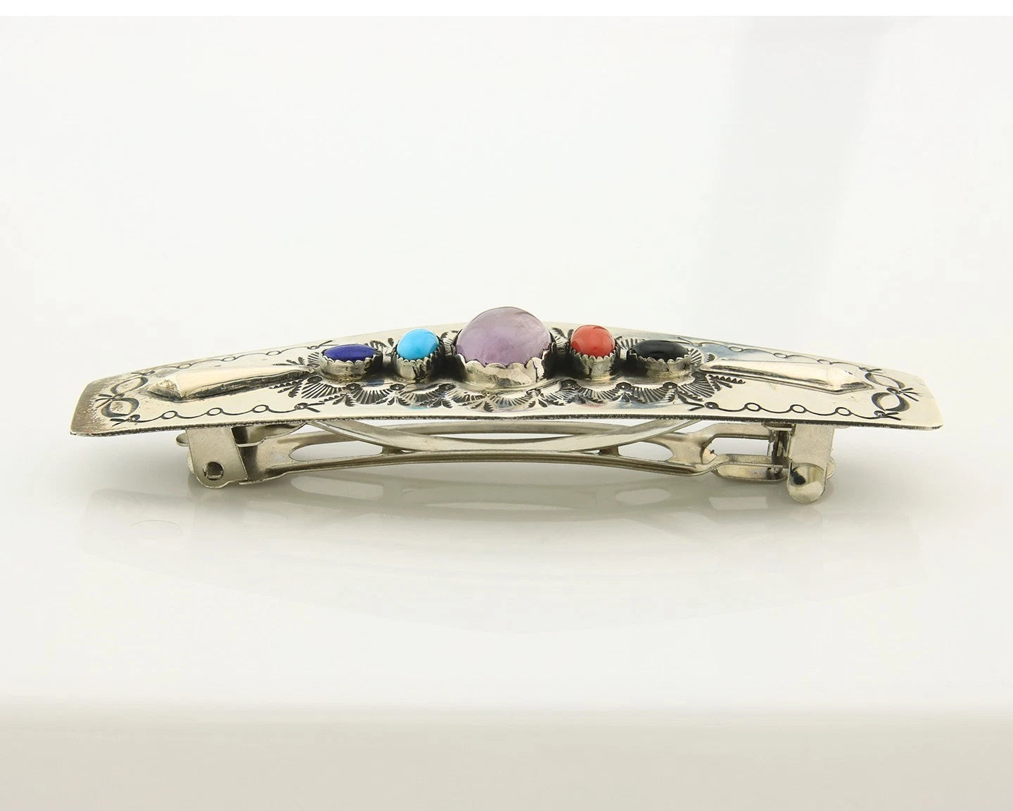 Navajo Barrette Sterling Silver Gemstones Hand Stamped Vintage Signed WS