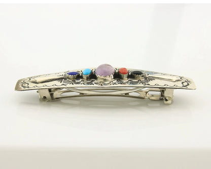 Navajo Barrette Sterling Silver Gemstones Hand Stamped Vintage Signed WS