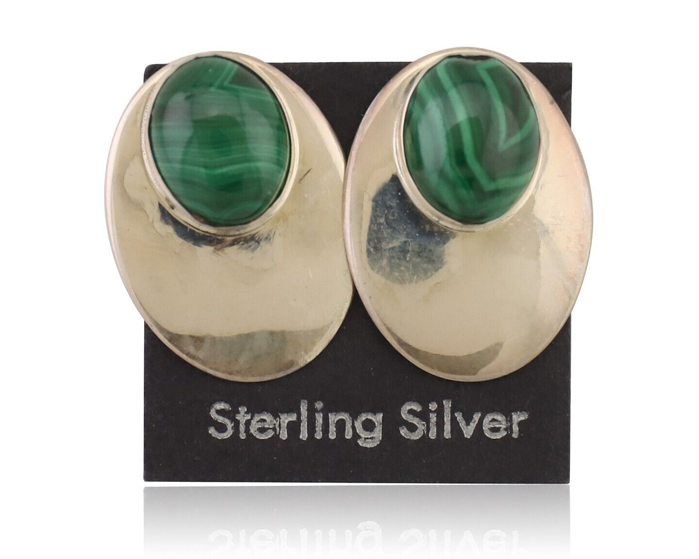 Navajo Shield Earrings 925 Silver Natural Malachite Signed Ella Peters C.80's